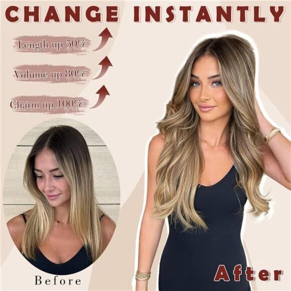 FESHFEN Clip in Hair Extensions for Women - 4 Pcs Thick Double Weft Long Wavy - Picture 5 of 7